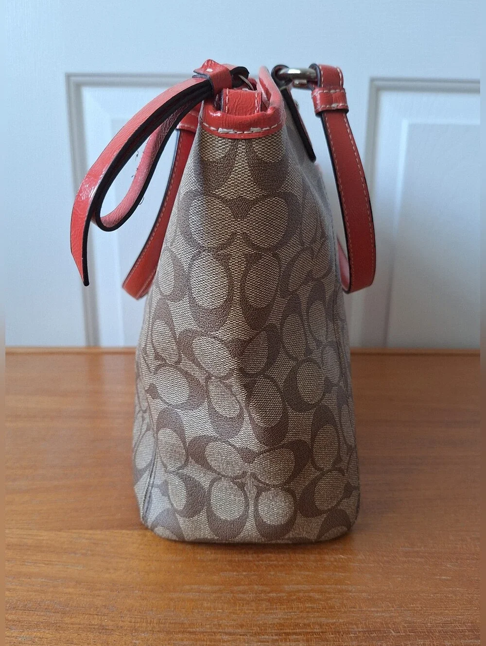 Coach Signature Coated Canvas Shoulder Bag Monogram Tote Coral Leather Trim